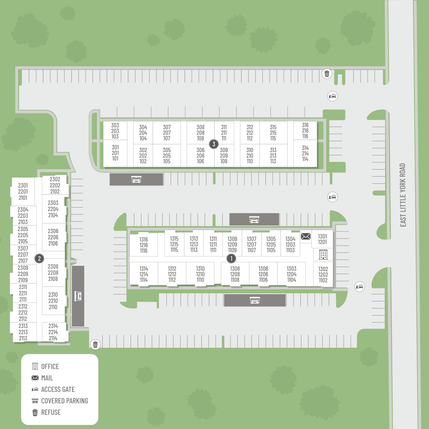 A site map marked by red dots showing unit locations, if available.