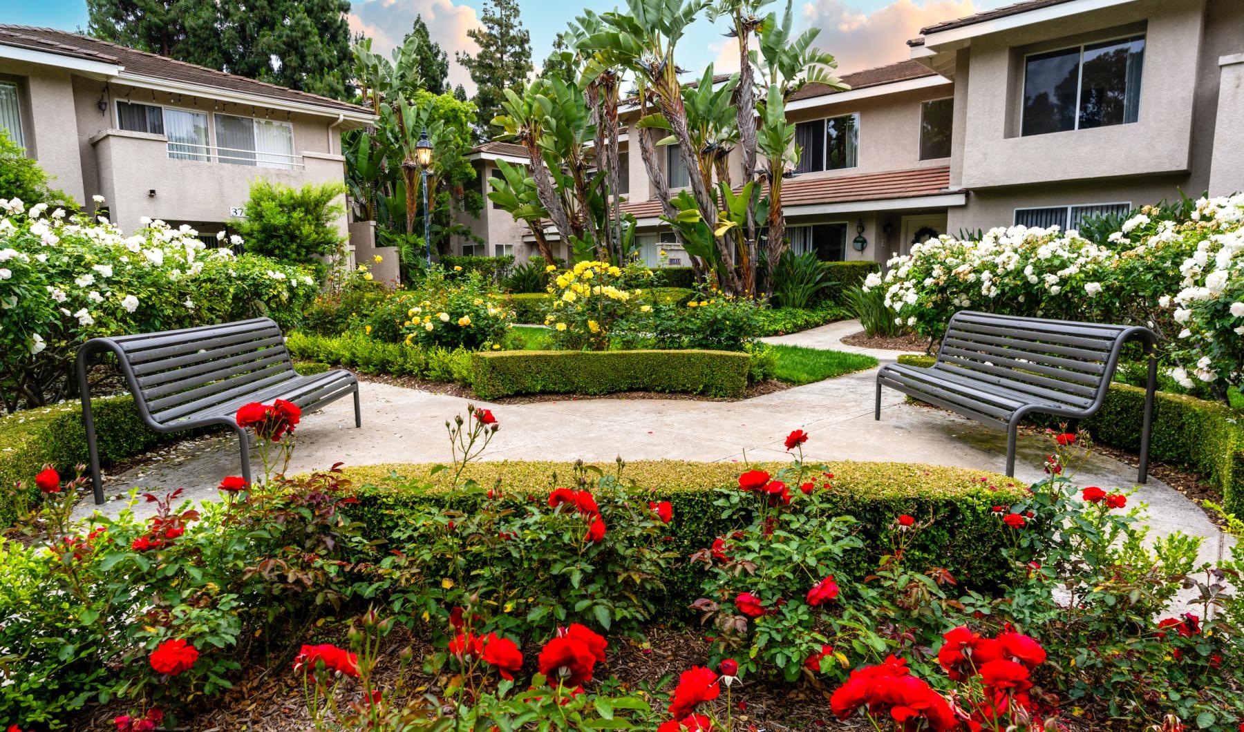 a bench in a garden with Lombard Street in the background