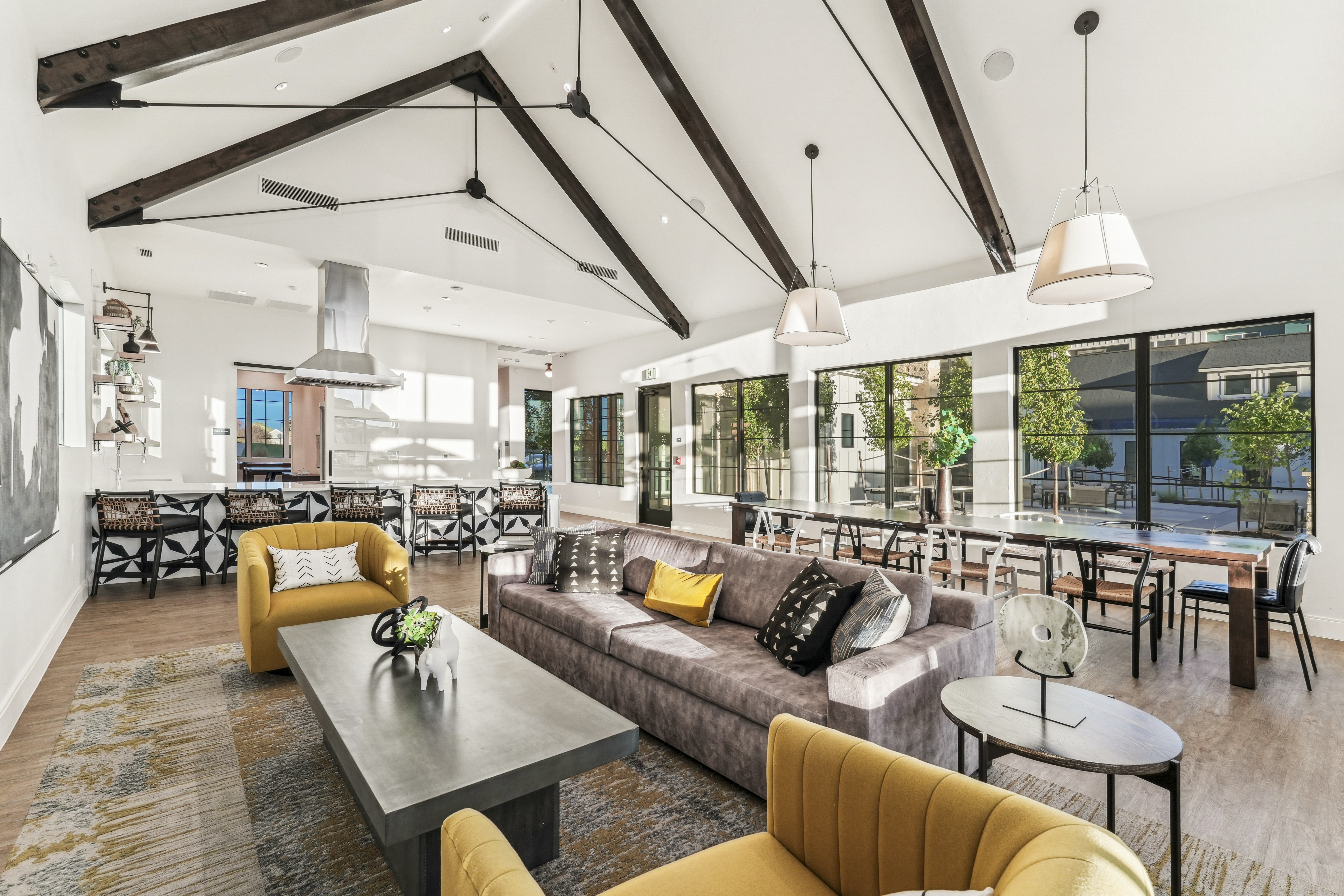 Clubhouse with community kitchen, dining area, plush seating, and large windows.