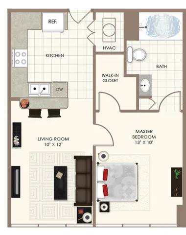 Modern floor plan showcasing a spacious master bedroom with walk-in closet, a sleek kitchen, and an inviting living room. Perfect for comfortable living.