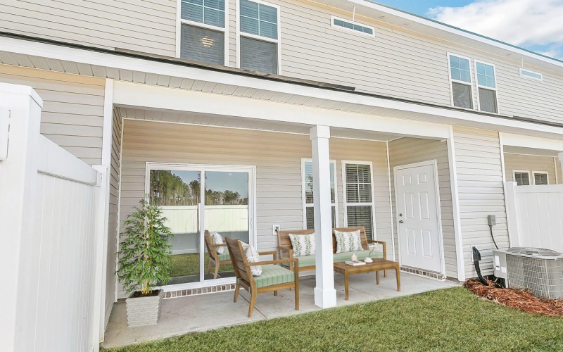 a backyard with a patio