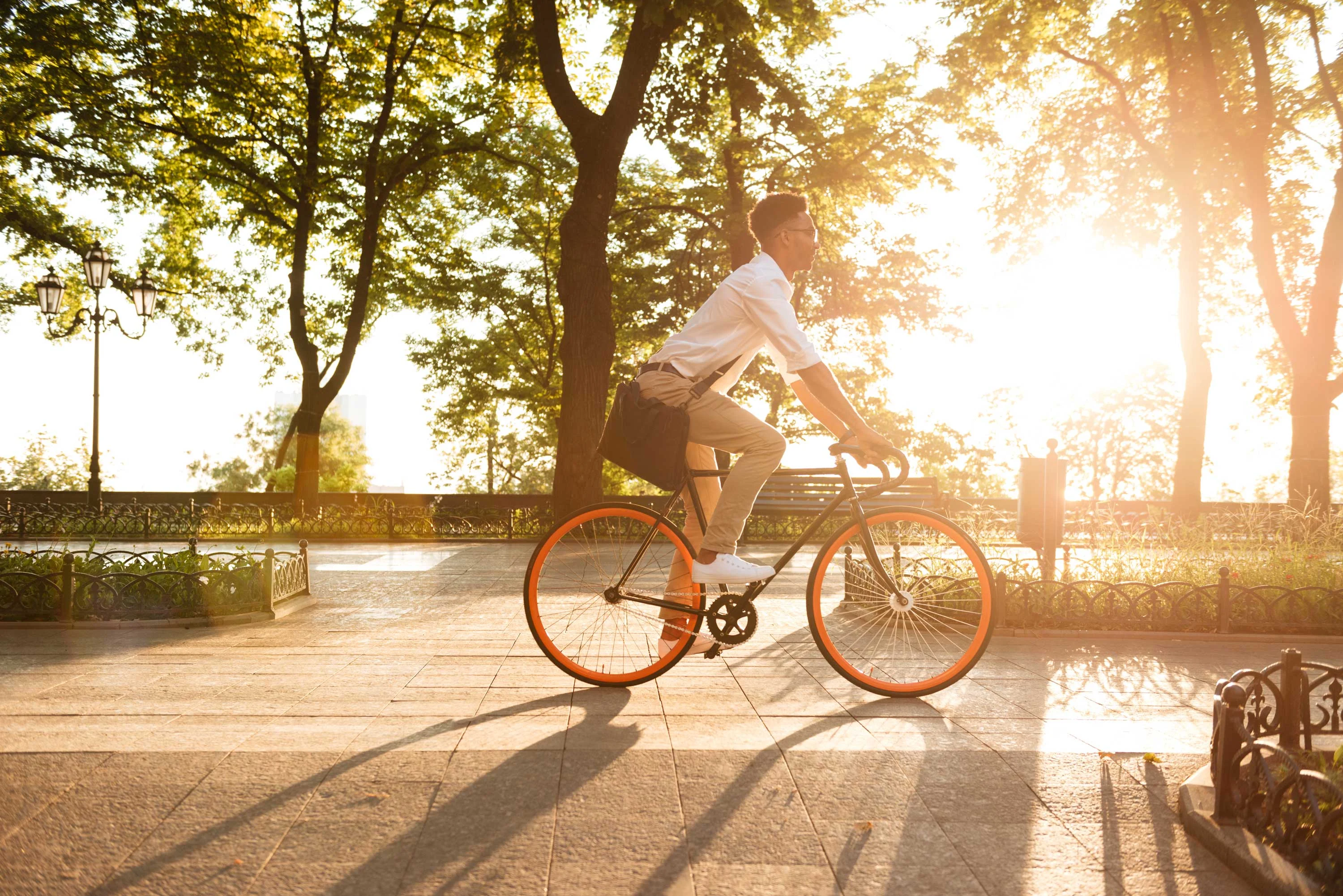 A man riding a bicycle on a pathway during sunset, surrounded by trees.