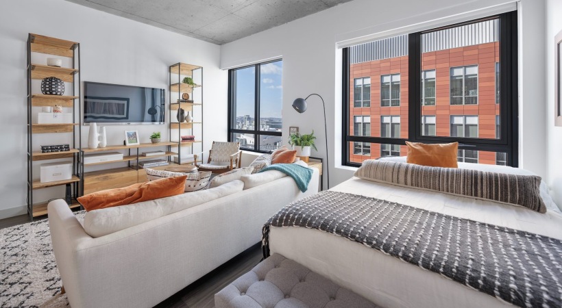 a living room with a couch, bed and a tv