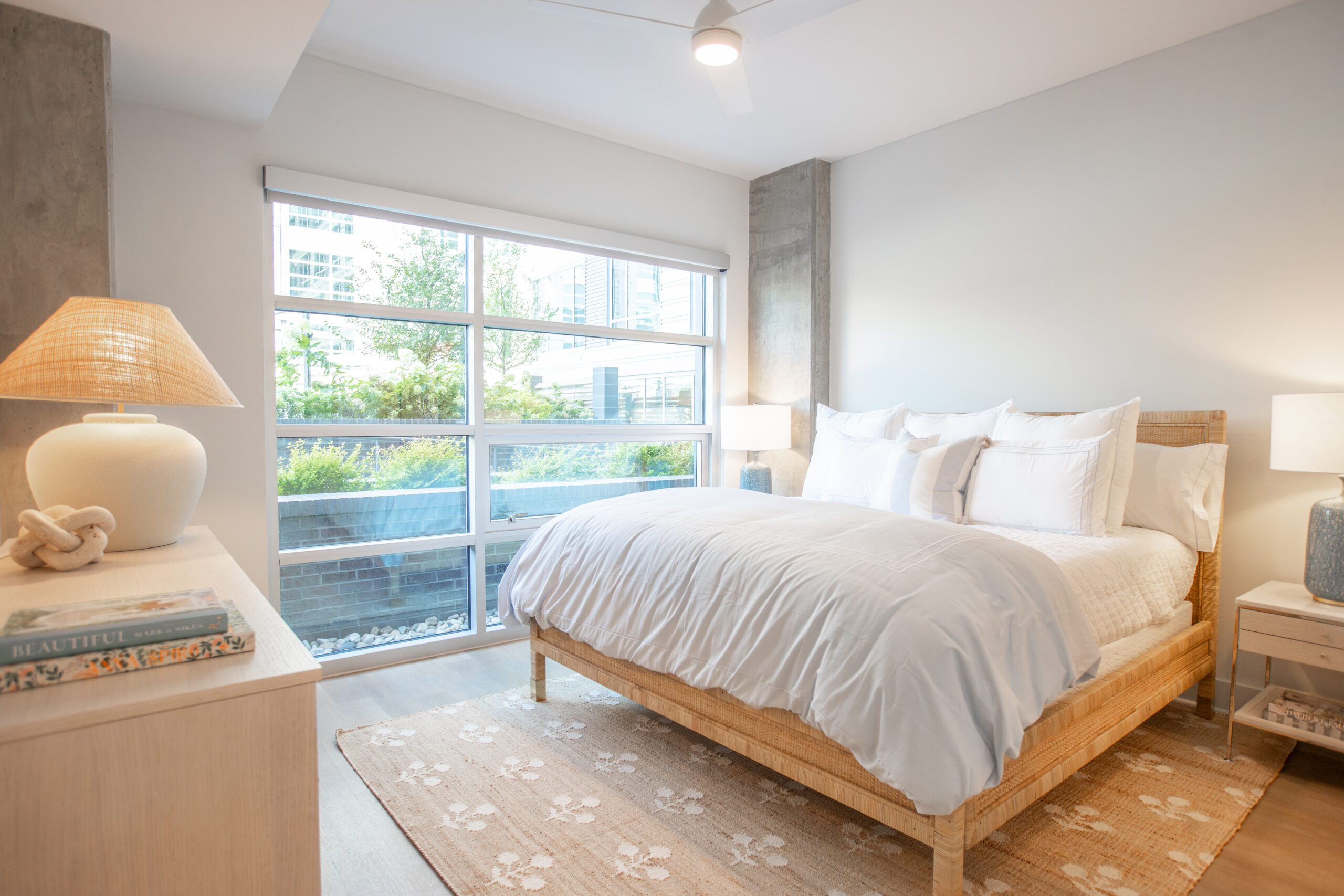 Modern bedroom furnished in Highland North Hills in Raleigh, NC