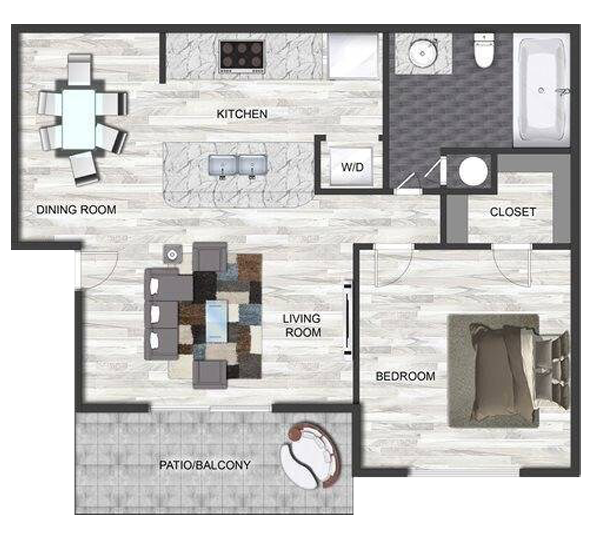Floor plan of a one-bedroom apartment showing a living room, dining area, kitchen, bedroom, bathroom, closet, and patio/balcony.