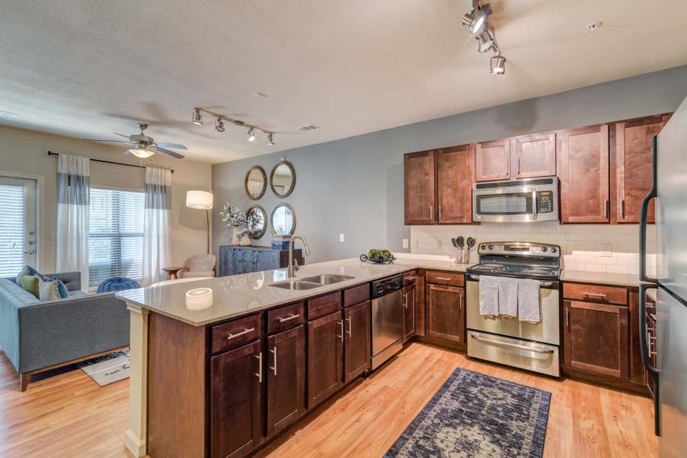 Stainless-steel appliances in an apartment kitchen at Landing at Double Creek in Austin, Texas