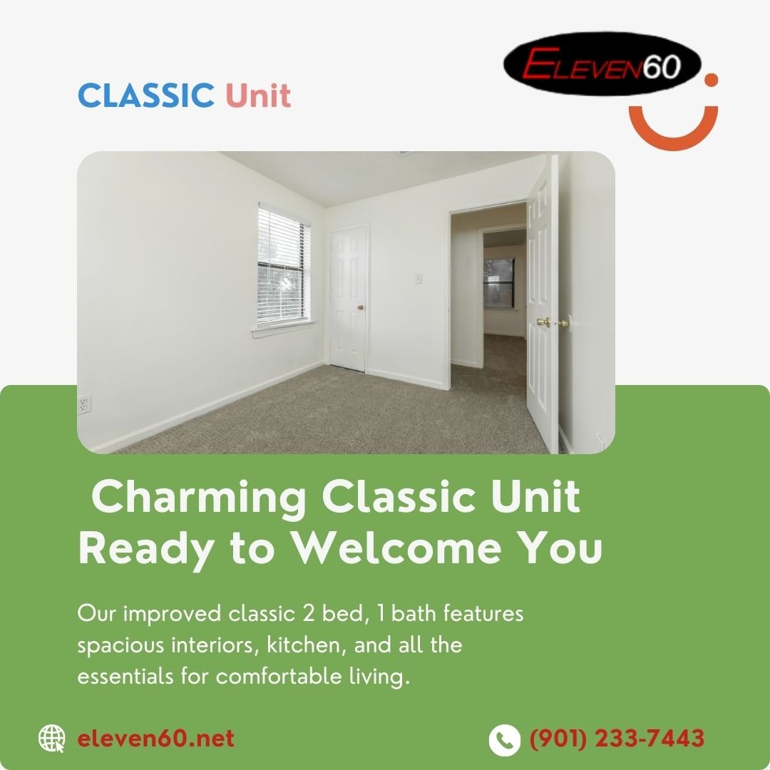 Our improved Classic 2 bed, 1 bath unit offers roomy interiors, a functional kitchen, and all the comforts of home. 🏡Simple, spacious, and just right. ✨  📞 (901) 233-7443 🌐Eleven60.net  #MemphisApartments #Eleven60Living #RentalSpecial #LimitedTim