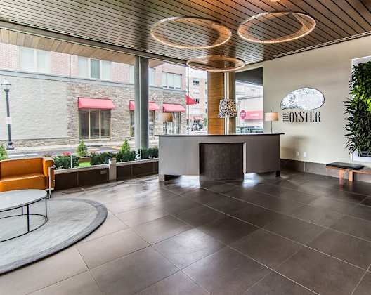 A modern lobby with a wooden ceiling and a green plant on the wall.