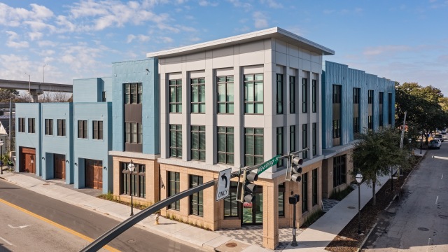 Exterior view of The Rumney, a boutique apartment community on Romney Street in Downtown Charleston South Carolina.