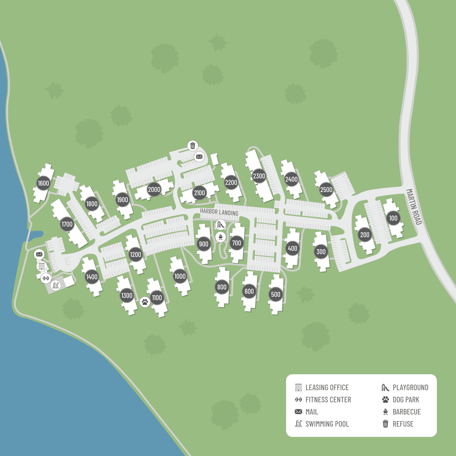 A site map marked by red dots showing unit locations, if available.