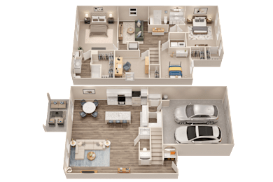 A 3D floor plan of a two-story residential building.