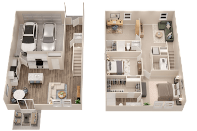 A top down view of a two-bedroom apartment with a living room, kitchen, and bathroom.