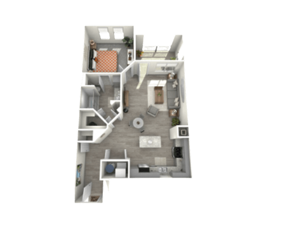 A 3D rendered image of a small apartment layout.
