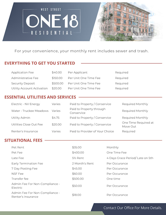 A flyer for West Street One18 Residential outlines the costs associated with renting an apartment, including essential utilities and situational fees.