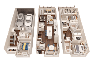 Three floor plans of a house with a car in the garage.