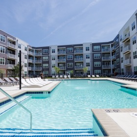 Outdoor resort-style swimming pool at Madison Ironbridge apartments on Ironbridge Road in Chesterfield Virginia.
