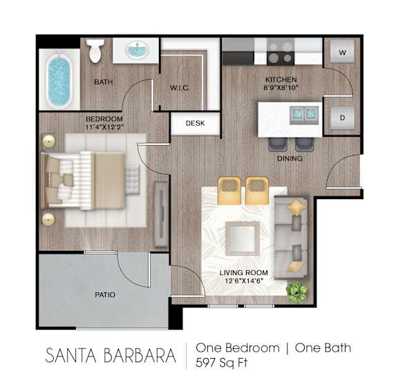 A floor plan of a one bedroom, one bath apartment in Santa Barbara.