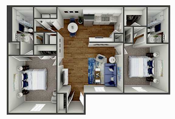 a 3d rendering of a floor plan with a bedroom and living room