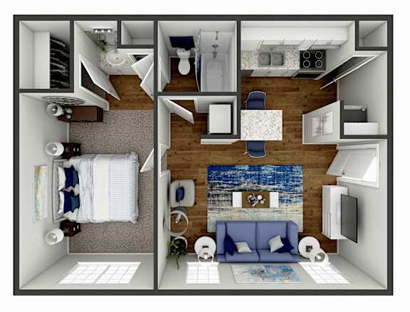 a 3d floor plan of a bedroom with a living room and a bathroom