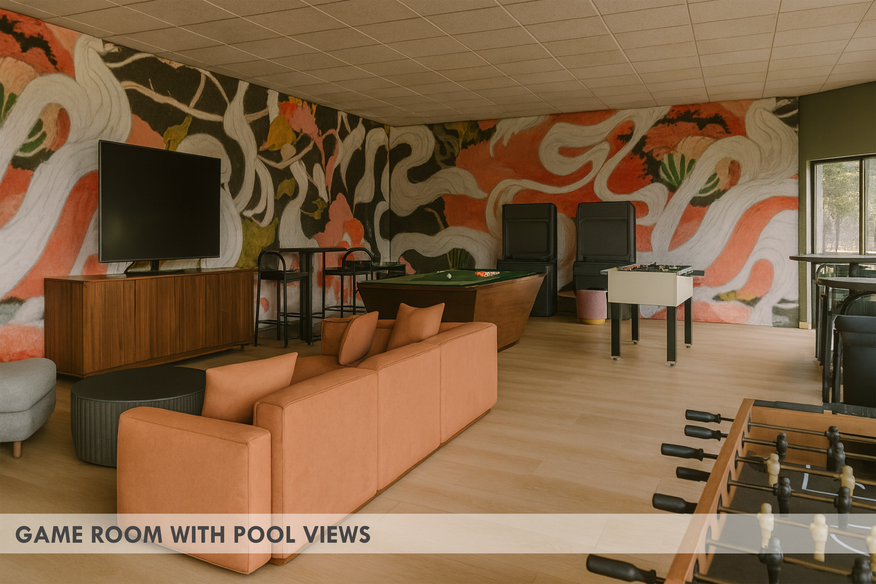 Rendering of a seating area with various game tables labeled 'Game Room with Pool Views'