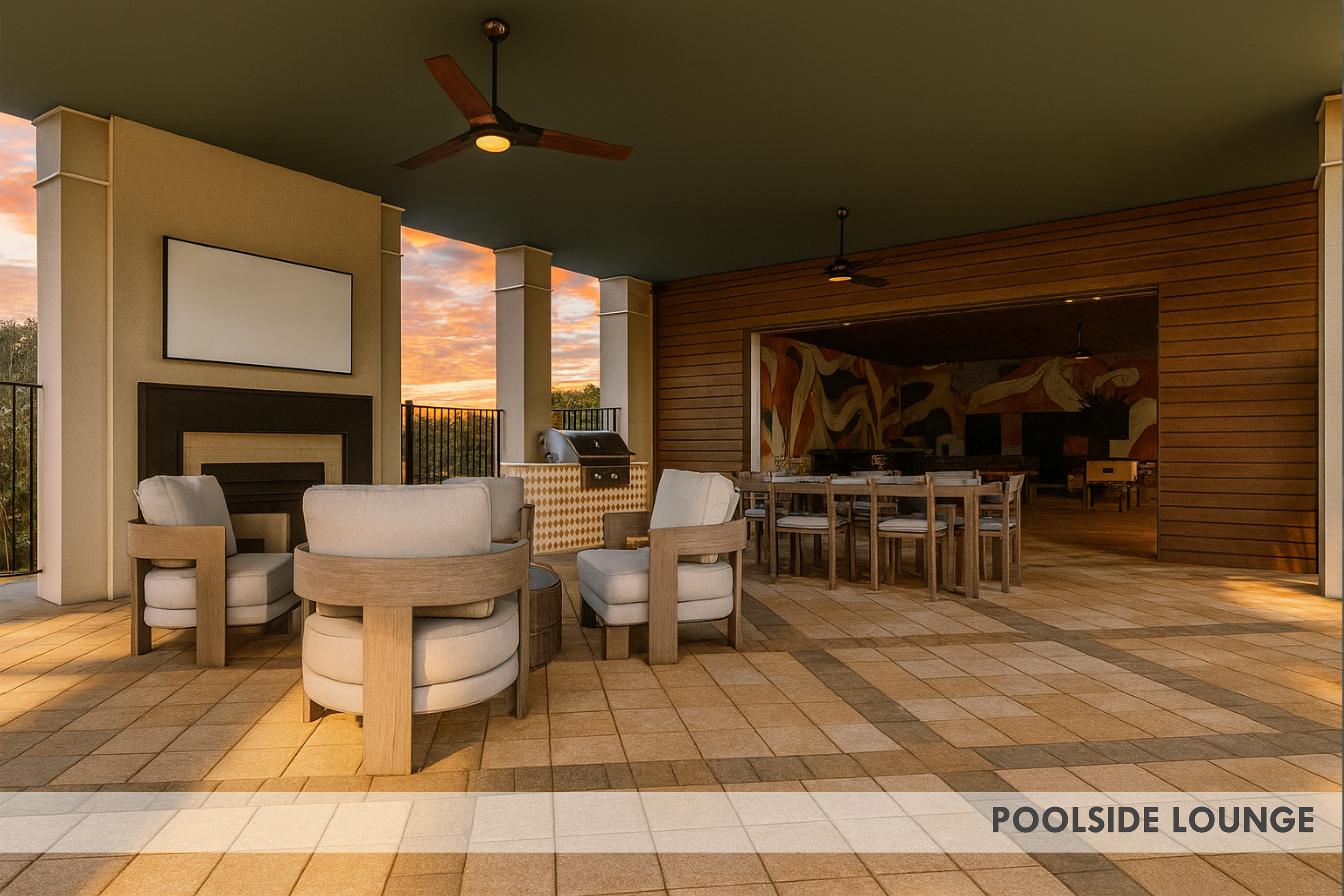 Rendering of covered outdoor seating area labeled 'Poolside Lounge'