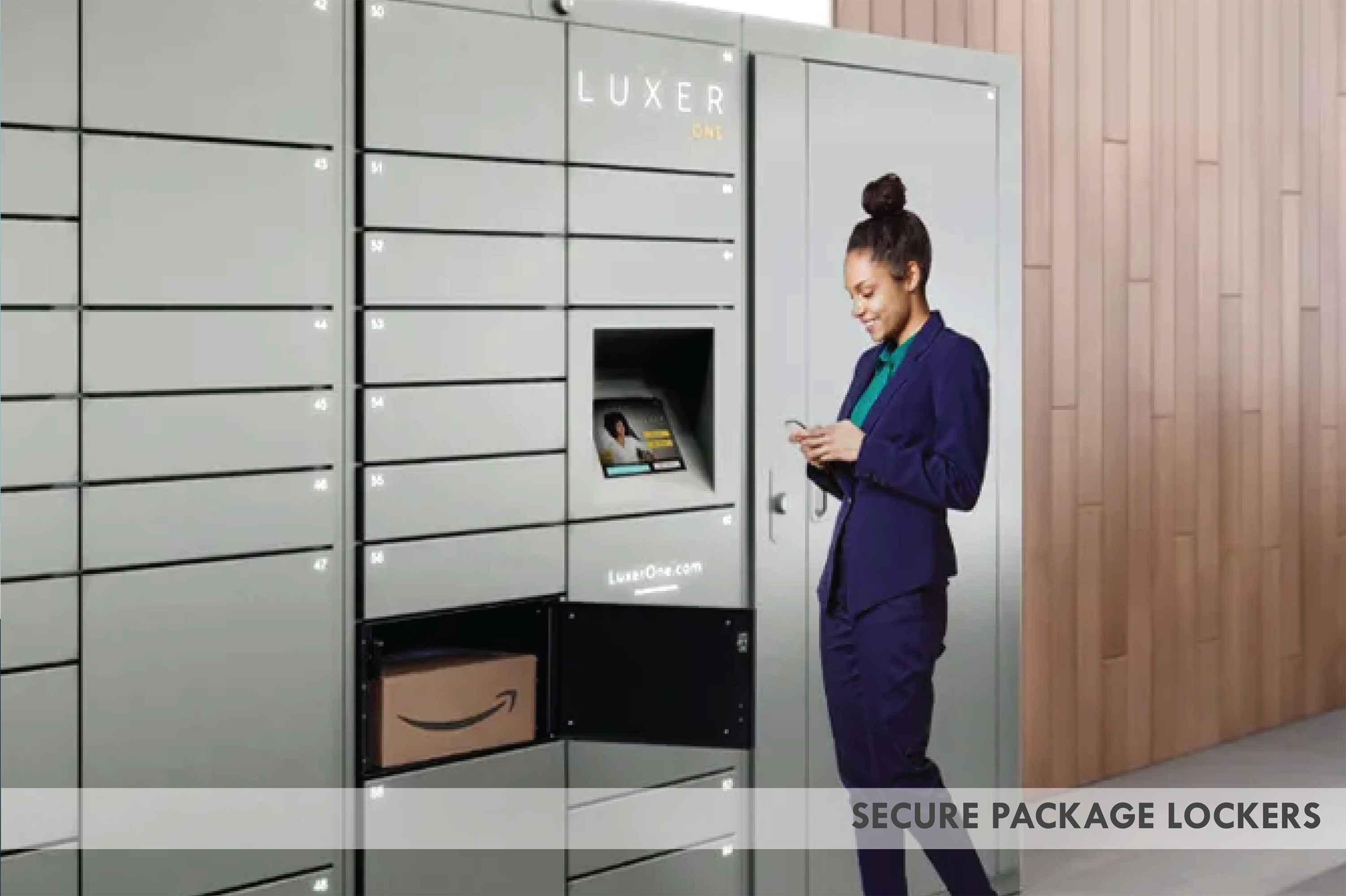 Rendering of Luxer package lockers with a woman getting a package labeled 'Secure Package Lockers'