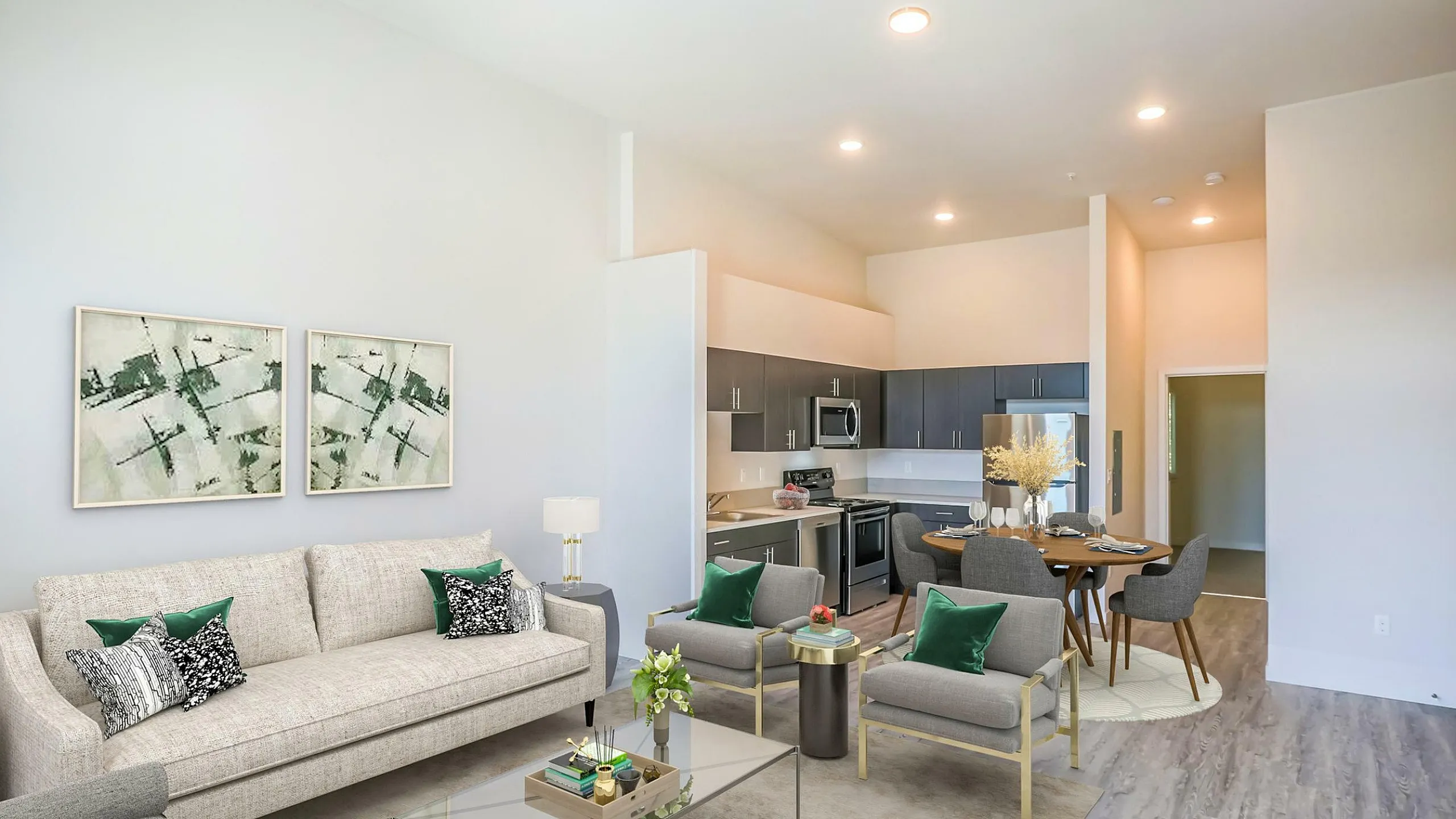 virtually staged living room with beige sofa and two grey chairs at rogers landing