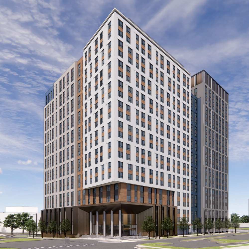 Modern apartment building exterior at The Exchange at Spring Hill Station in Vienna, Virginia