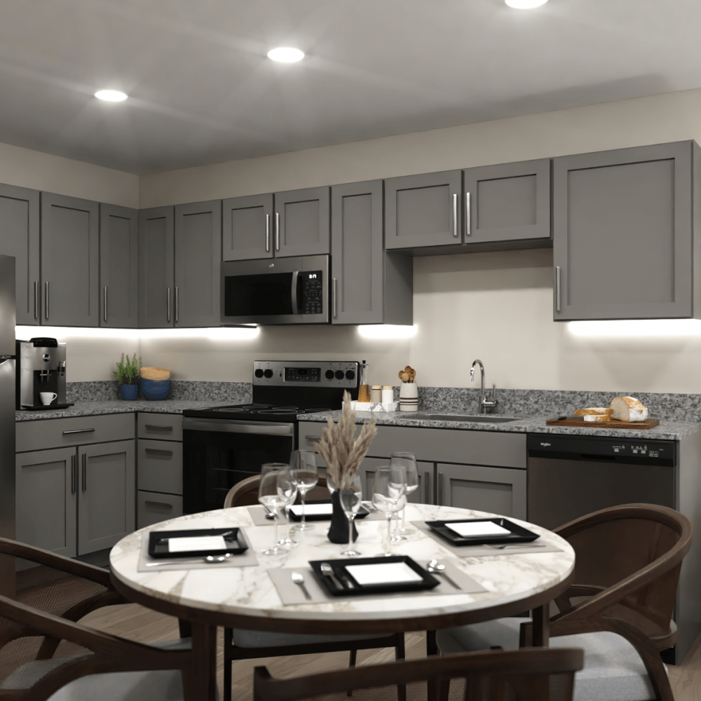 Modern kitchen with dining area at The Exchange at Spring Hill Station in Vienna, Virginia