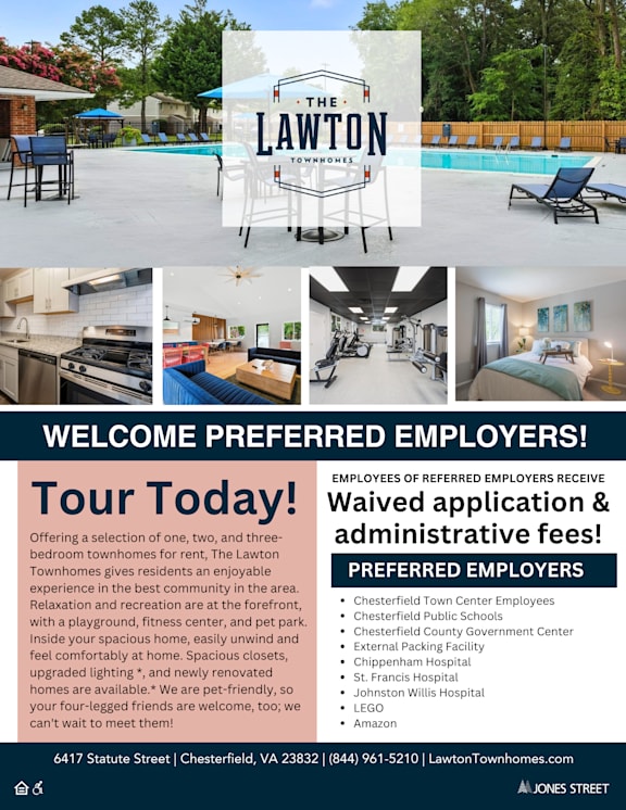A flyer for The Lawton Townhomes advertising a tour for preferred employers.