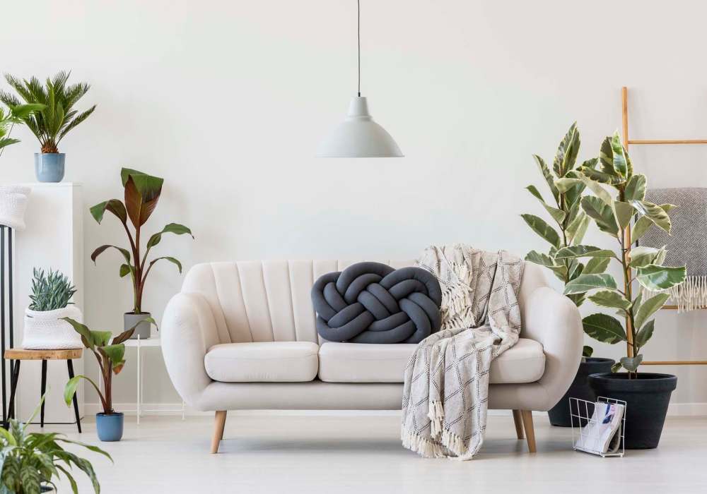 Modern living room with plush sofa and lush greenery at Standard at Royal Lane in Dallas, Texas