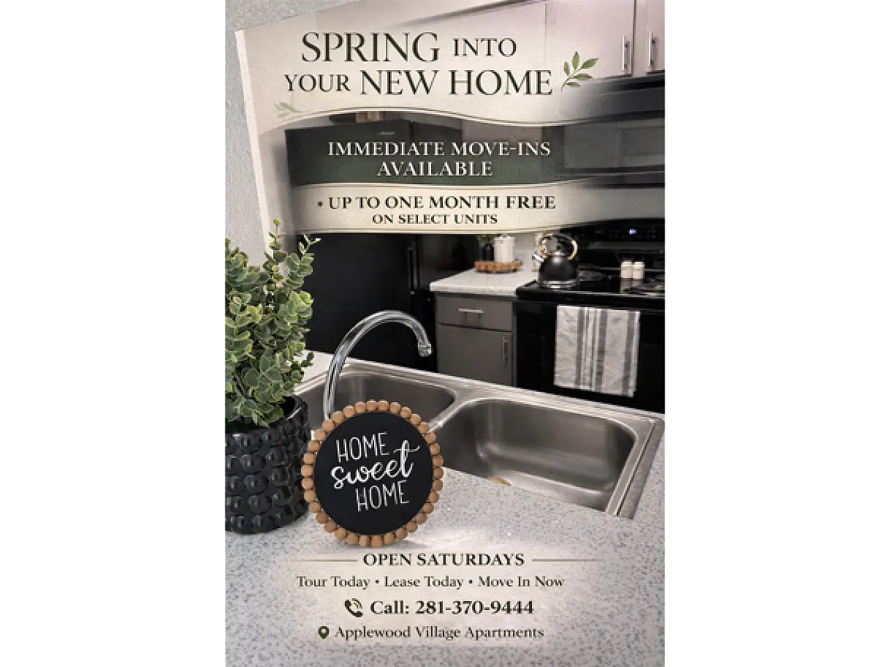 Inviting kitchen space with modern appliances and sleek sink, perfect for new beginnings at Applewood Village Apartments. Immediate move-ins available with special promotions.