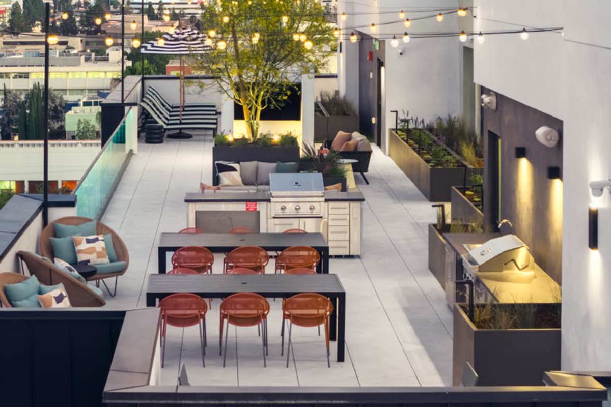 Rooftop deck with seating area  at Vivien in Los Angeles, California