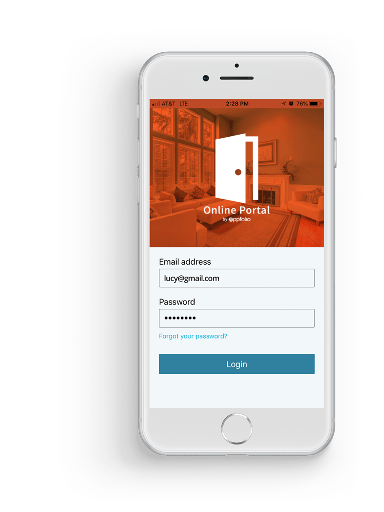 Smartphone screen displaying an online portal login. The screen shows fields for email and password with a login button against a background image of a room.