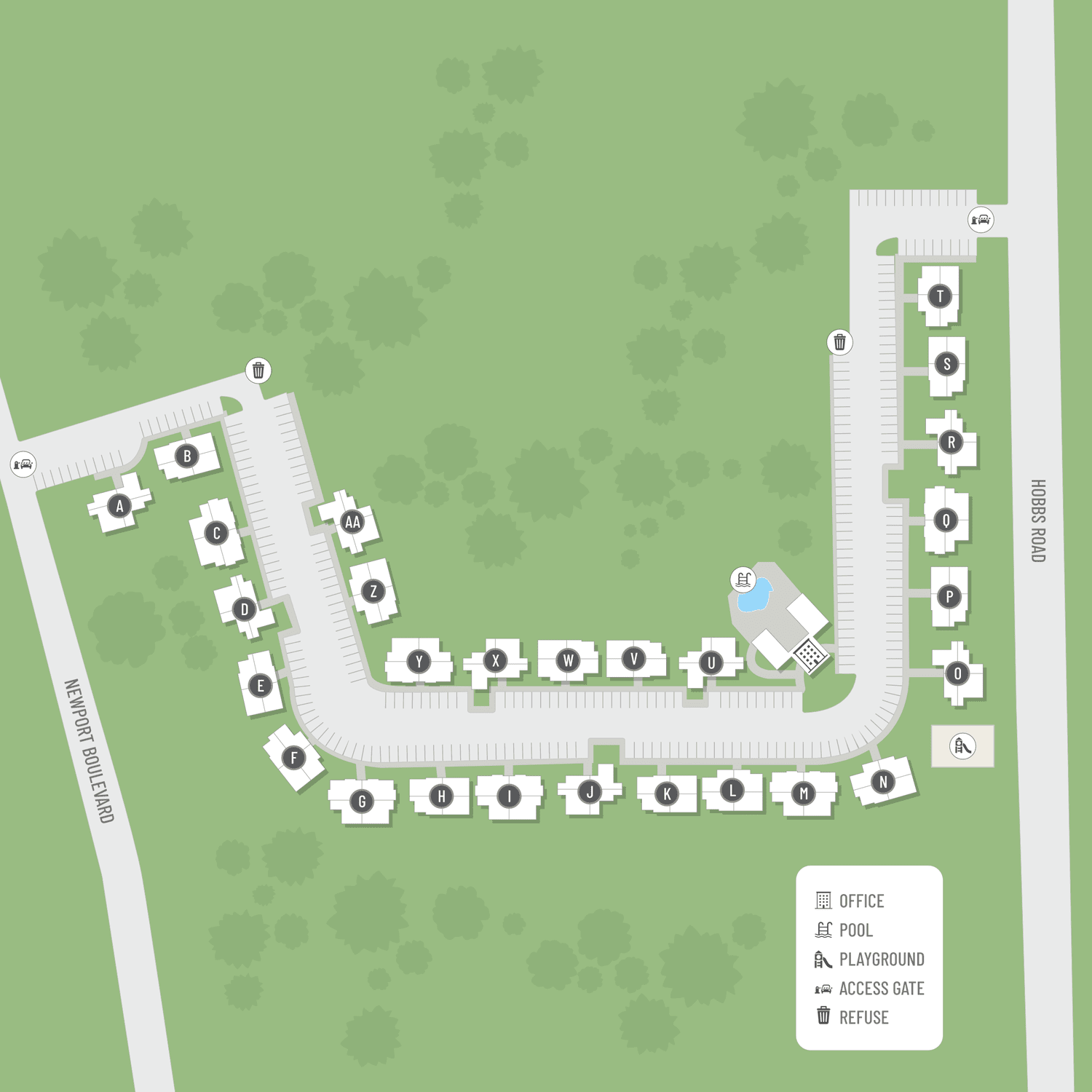 A site map marked by red dots showing unit locations, if available.