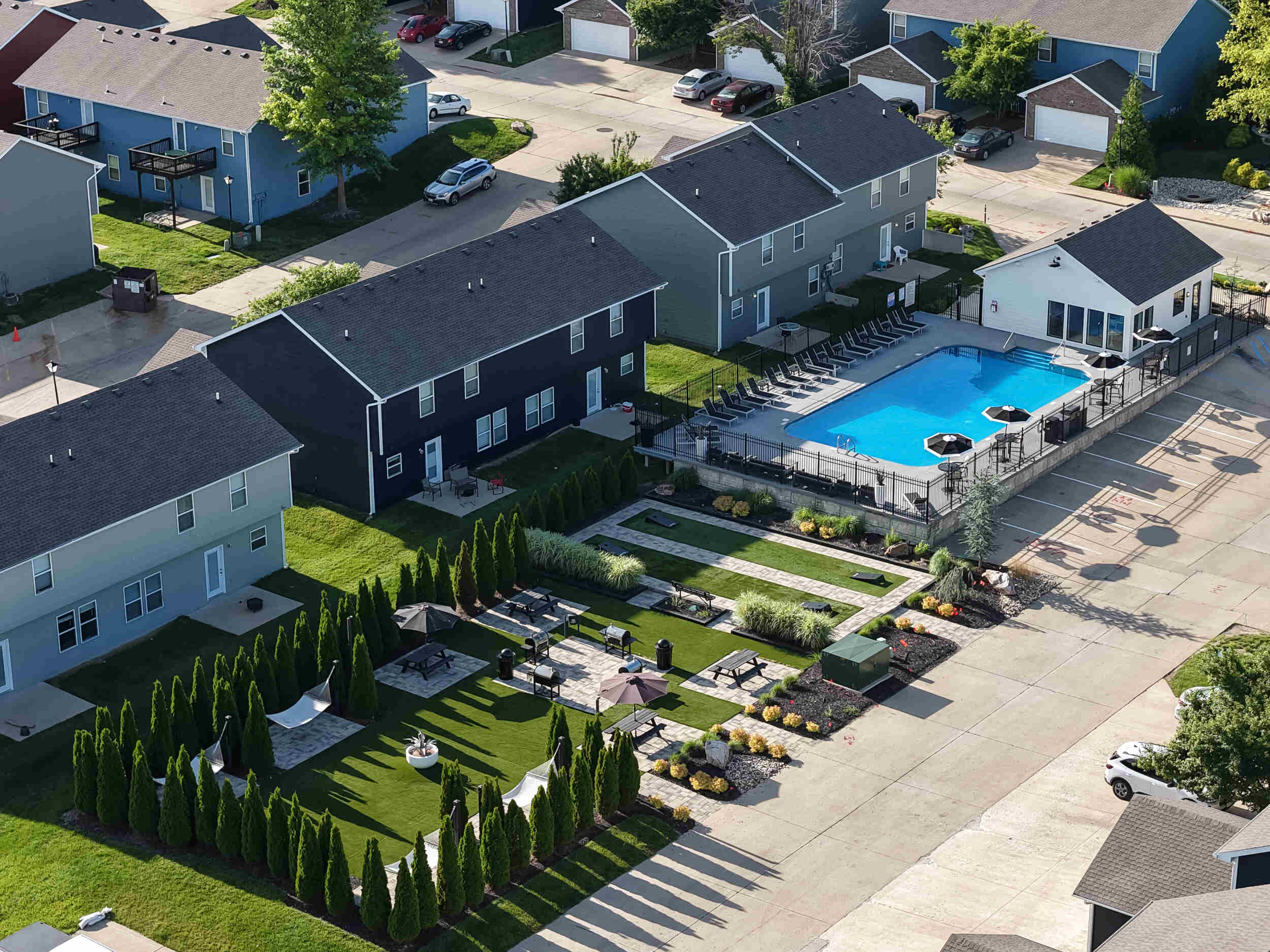 the row apartment homes near mizzou community amenities aerial view