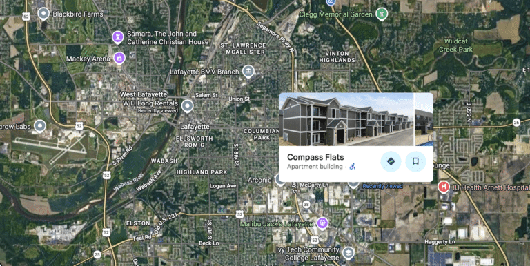 moving to Lafayette Indiana—A satellite map of Lafayette, Indiana, with a pop-up showing Compass Flats apartment building.