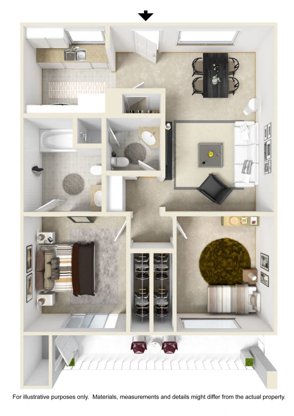 2 Bed - 2 Bath |755 sq ft floorplan
