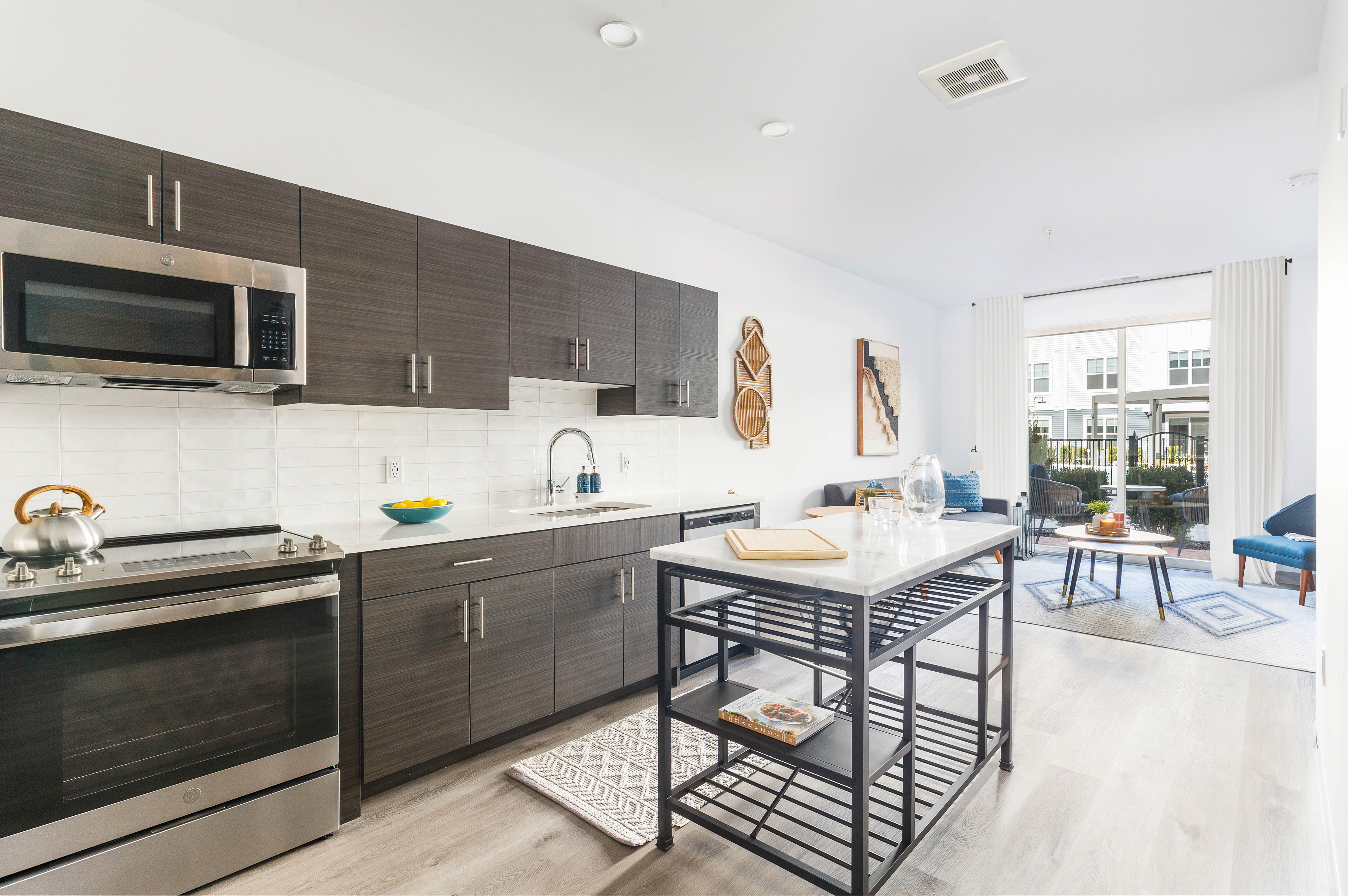 Apartments for Rent in Englewood NJ - EVO - Modern Kitchen with Dark Wood-Style Cabinets and Stainless Steel Appliances