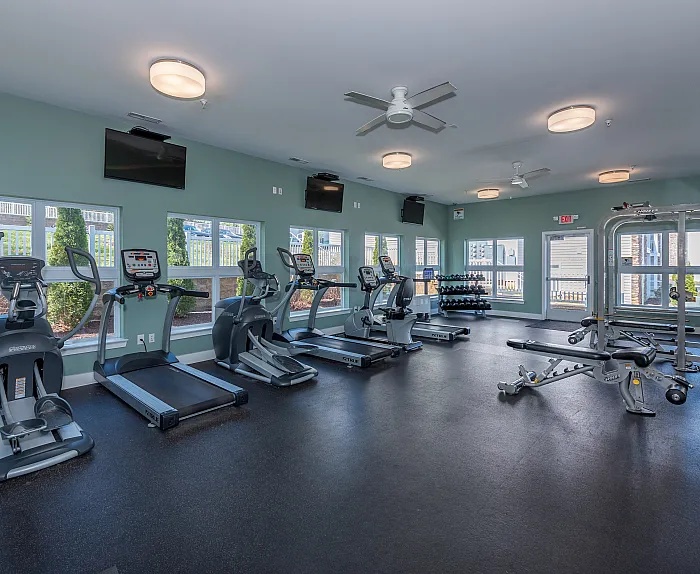 Bright and modern fitness center with treadmills, ellipticals, weight machines, and large windows offering plenty of natural light.