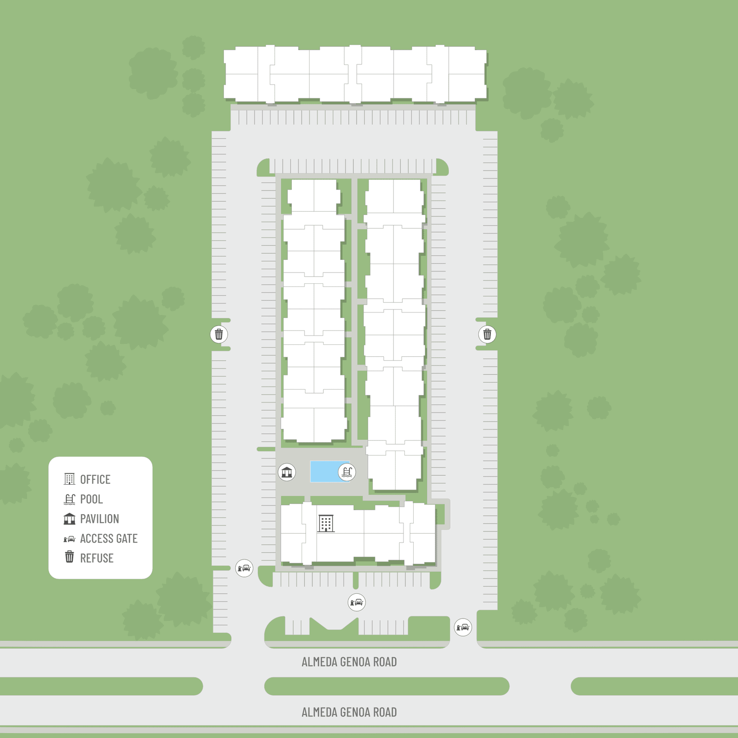 A site map marked by red dots showing unit locations, if available.